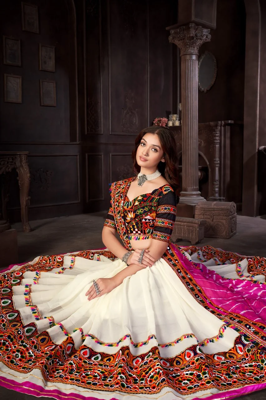 Navratri Special Off-White Georgette Chaniya Choli with Traditional Kutchi Mirror Work - Image 3
