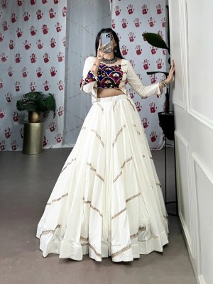 White Tasar Silk Printed Flared Lehenga Choli For Women