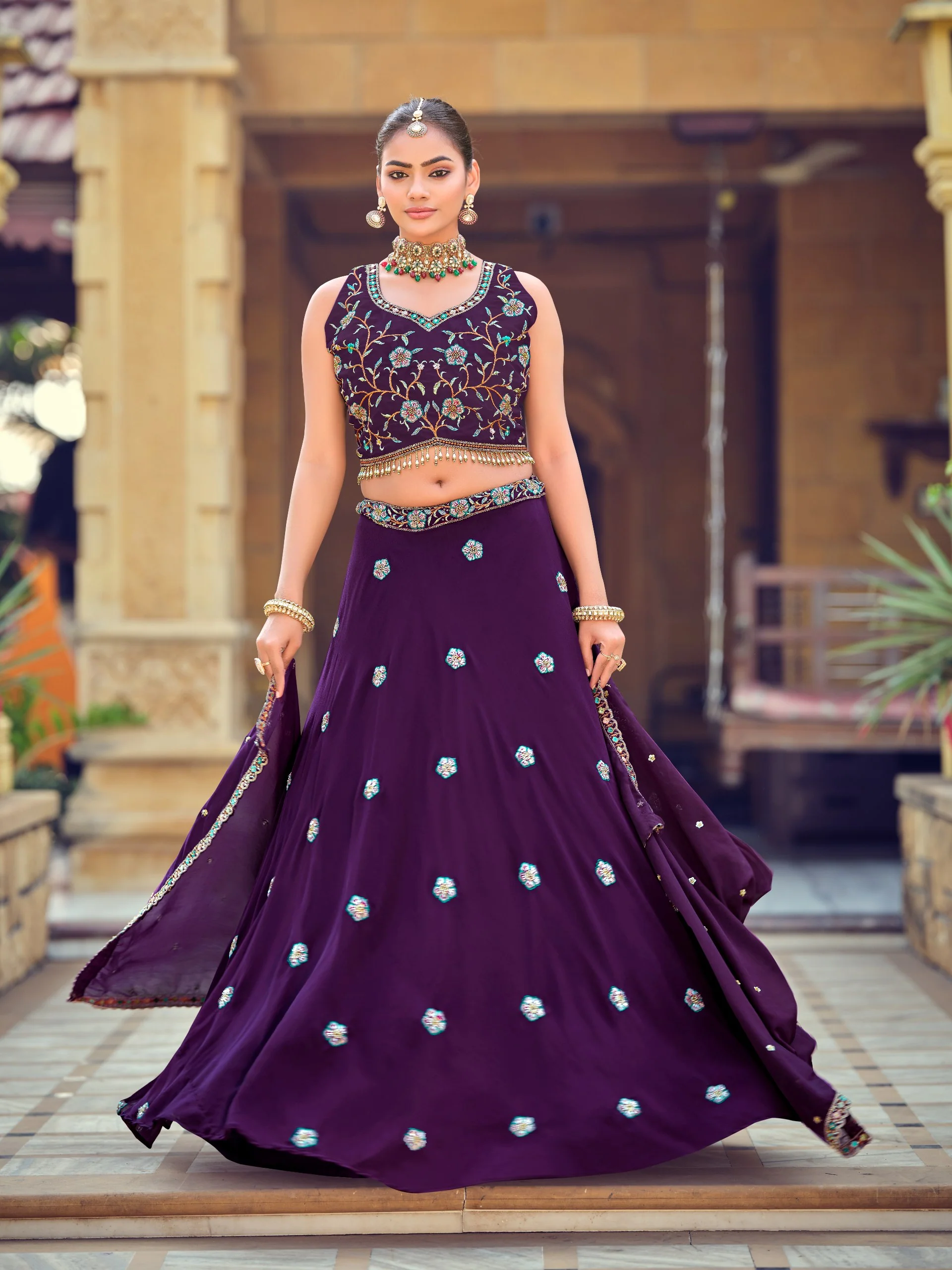 Royal Purple Georgette Lehenga Choli with Embroidered Beads Work and Designer Dupatta - Image 3