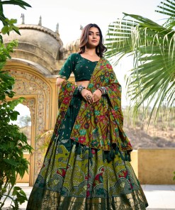 Green Tasar Silk Printed Flared Lehenga Choli For Women