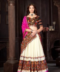 Navratri Special Off-White Georgette Chaniya Choli with Traditional Kutchi Mirror Work