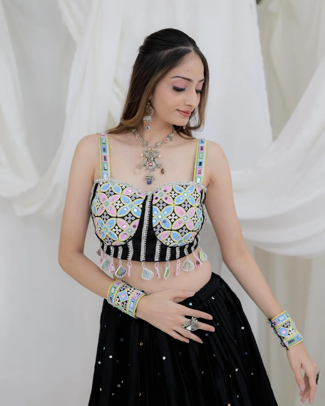 Black Color Digital Printed Mirror Work Navratri Lehenga Choli - Image 4