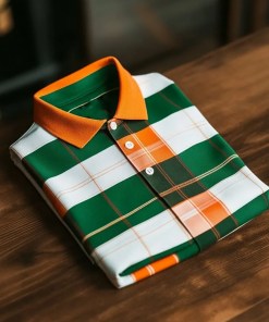 Men's Business Casual Orange Green Plaid Button Short Sleeve Shirt