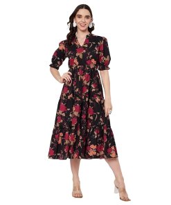 Women's Cotton Floral Printed Midi Dress | V-Neck Fit & Flare Dress with Puff Sleeves | Casual Summer Wear