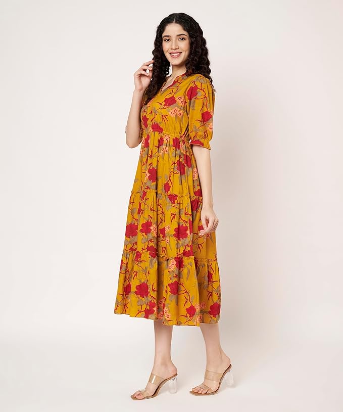 Women's Cotton Floral Printed Midi Dress | V-Neck Fit & Flare Dress with Puff Sleeves | Casual Summer Wear - Image 14
