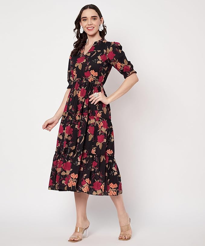 Women's Cotton Floral Printed Midi Dress | V-Neck Fit & Flare Dress with Puff Sleeves | Casual Summer Wear - Image 3