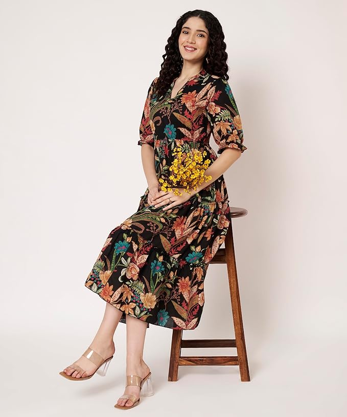 Women's Cotton Floral Printed Midi Dress | V-Neck Fit & Flare Dress with Puff Sleeves | Casual Summer Wear - Image 23