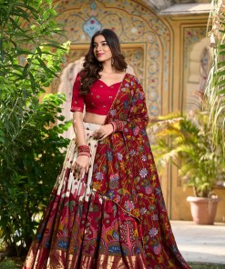 White Tasar Silk Printed Flared Lehenga Choli For Women