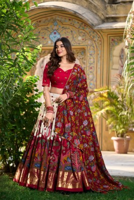 White Tasar Silk Printed Flared Lehenga Choli For Women
