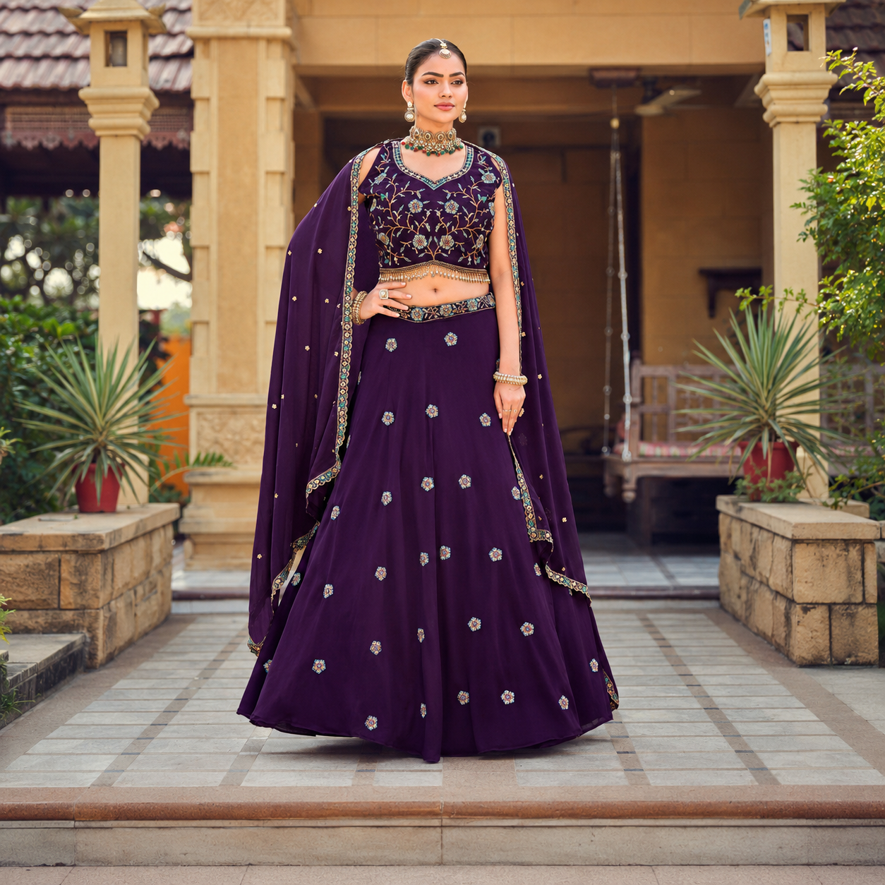 Royal Purple Georgette Lehenga Choli with Embroidered Beads Work and Designer Dupatta