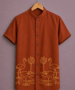 Fabzone™ Flamingo Palm Designer Shirt for Men – Rust Brown Premium Casual Half Sleeve Shirt