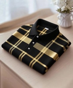 Men's Business Casual Black and Yellow Plaid Button Short Sleeve Shirt
