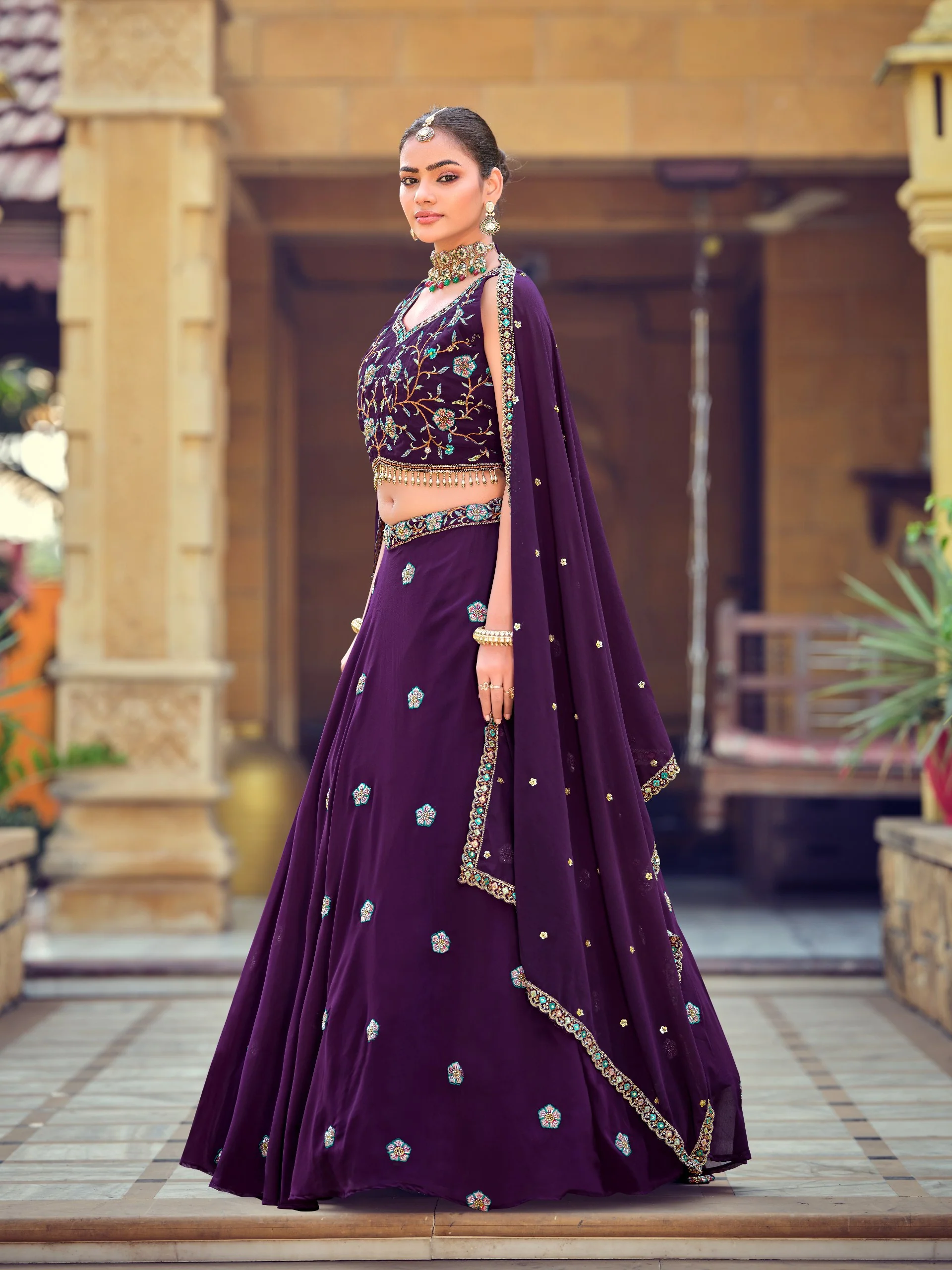 Royal Purple Georgette Lehenga Choli with Embroidered Beads Work and Designer Dupatta - Image 5