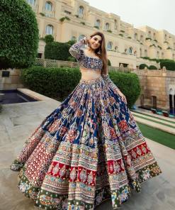 Blue Color Digital Printed Mirror Work Navratri Lehenga Choli