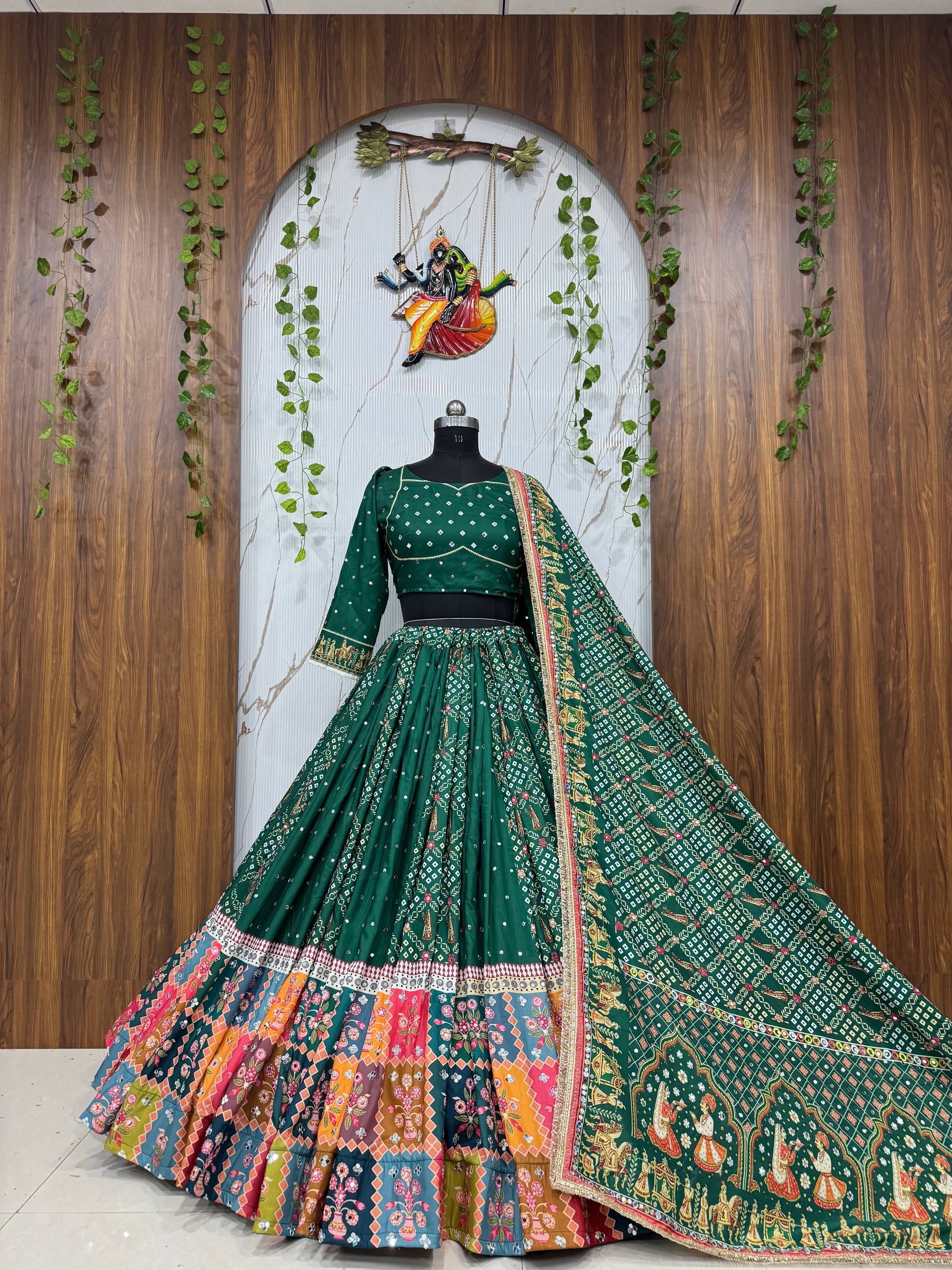 Green Mirror Work Digital Printed Navratri Chaniya Choli - Image 2